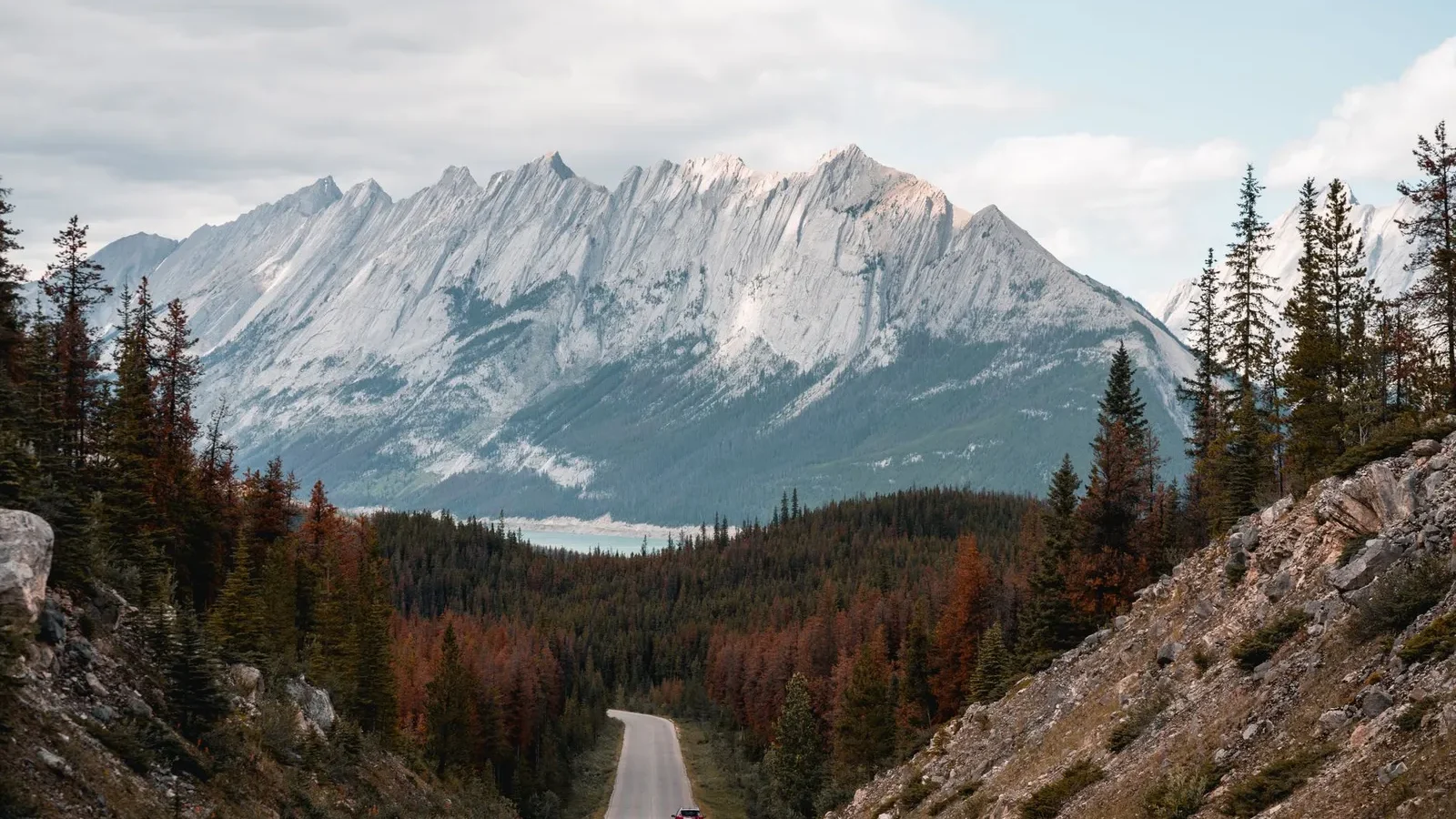 Winding highway through forest toward rugged Canadian Rocky Mountain peaks