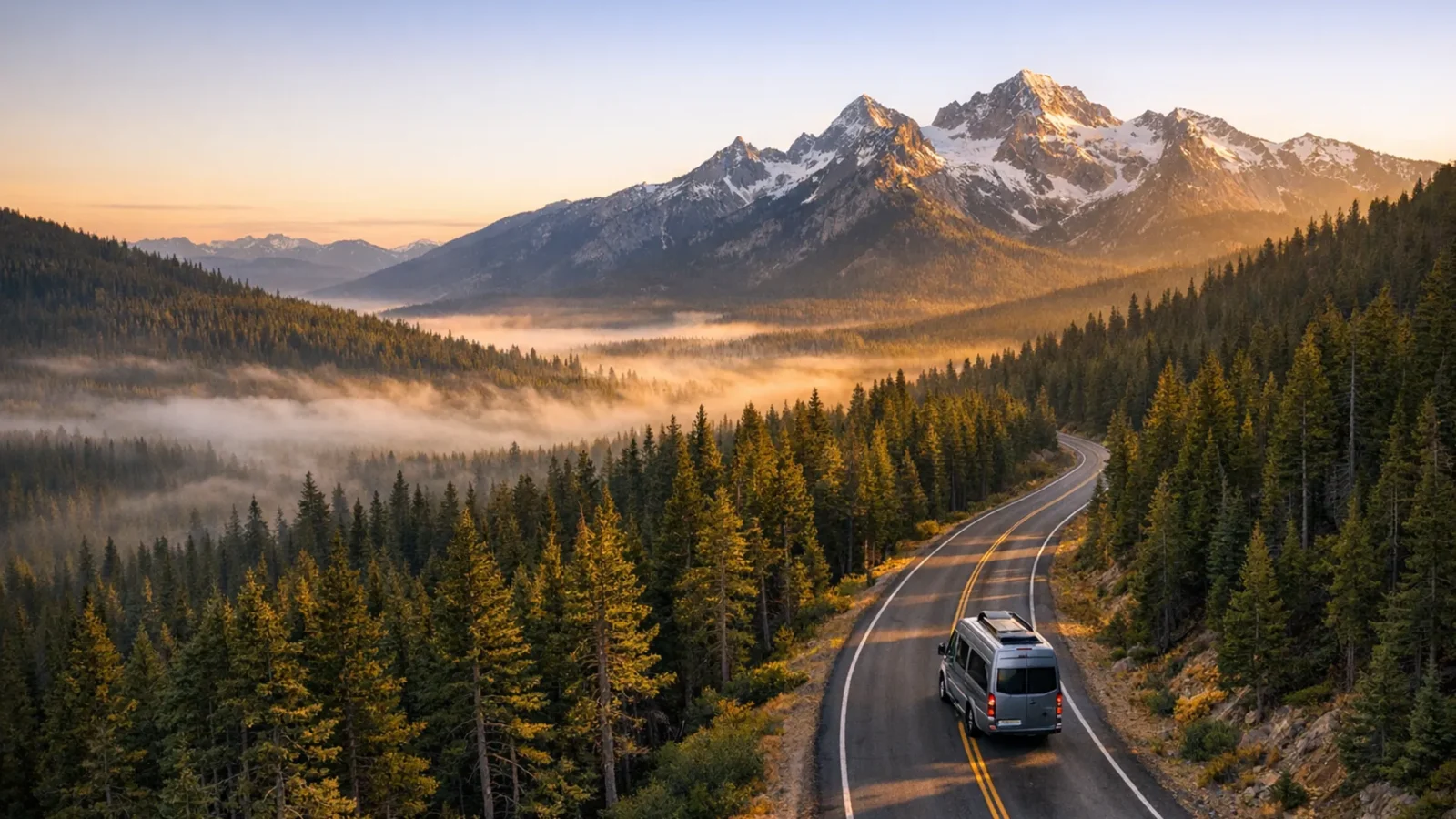 Camper van driving a winding forest road toward snow-capped mountains at sunrise