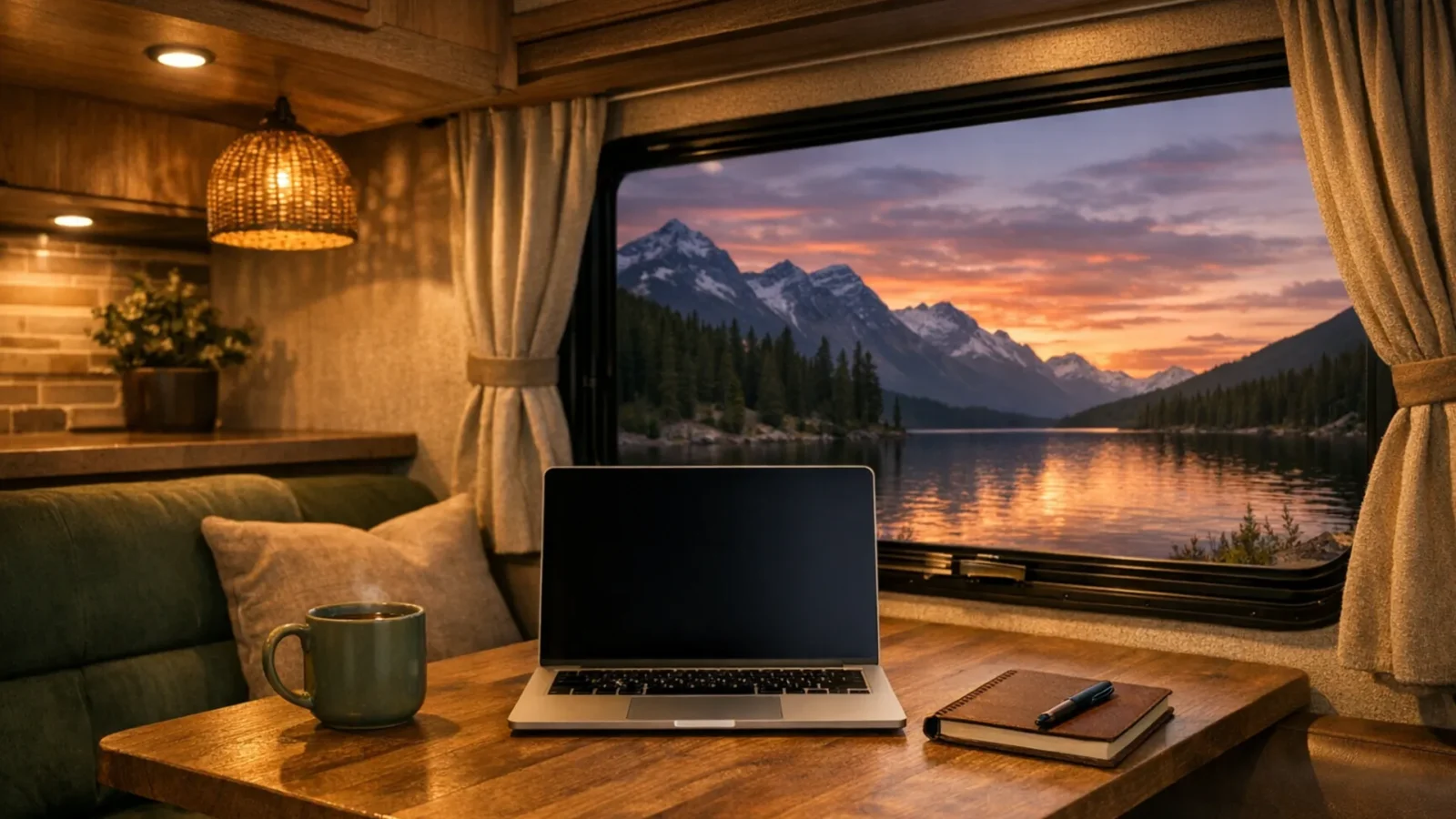 RV dinette set up as a mobile office with a laptop, coffee, and notebook facing a mountain lake at sunset
