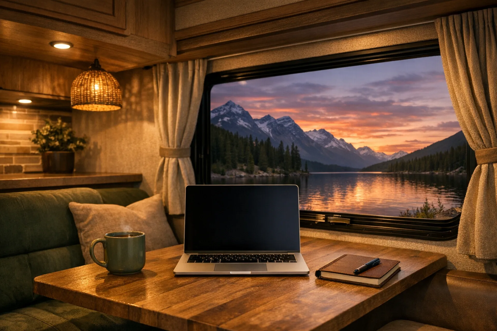 RV dinette set up as a mobile office with a laptop facing a mountain lake at sunset