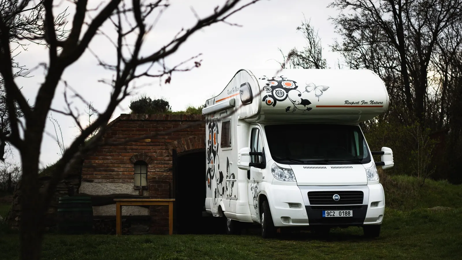 White Class C motorhome parked at a grassy campsite beside a tree