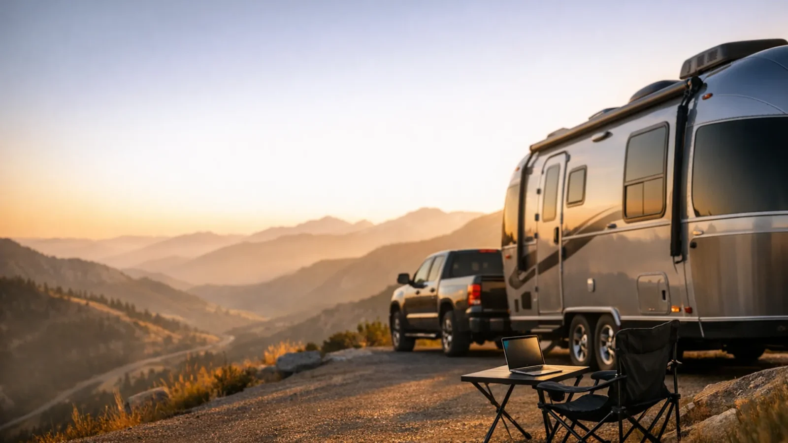 Travel trailer and pickup at a mountain overlook with a laptop set up on a camp table at golden hour