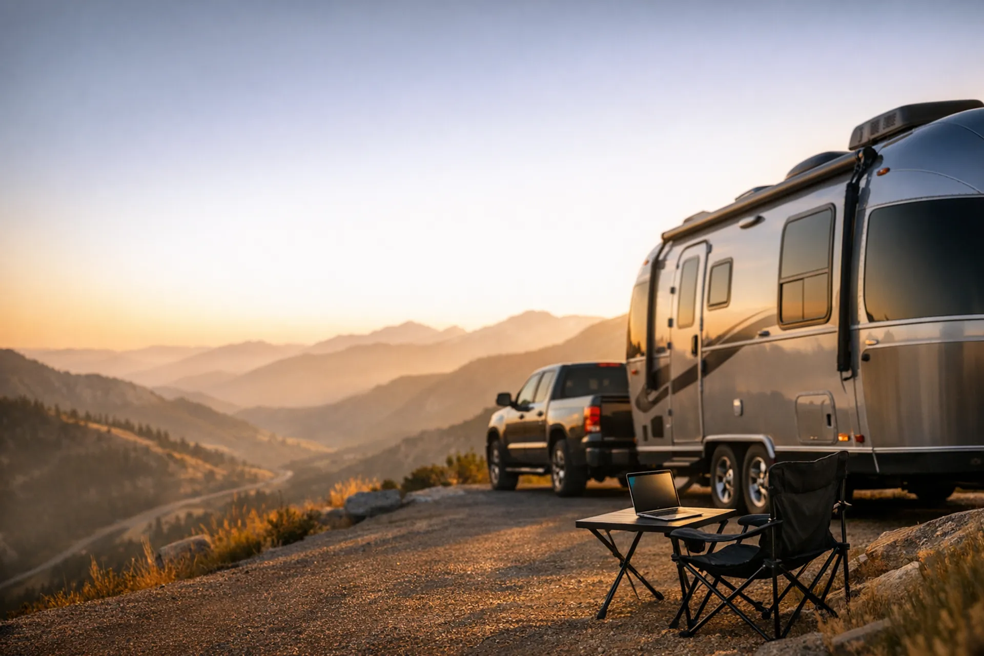 Travel trailer and pickup at a mountain overlook with a laptop set up on a camp table at golden hour