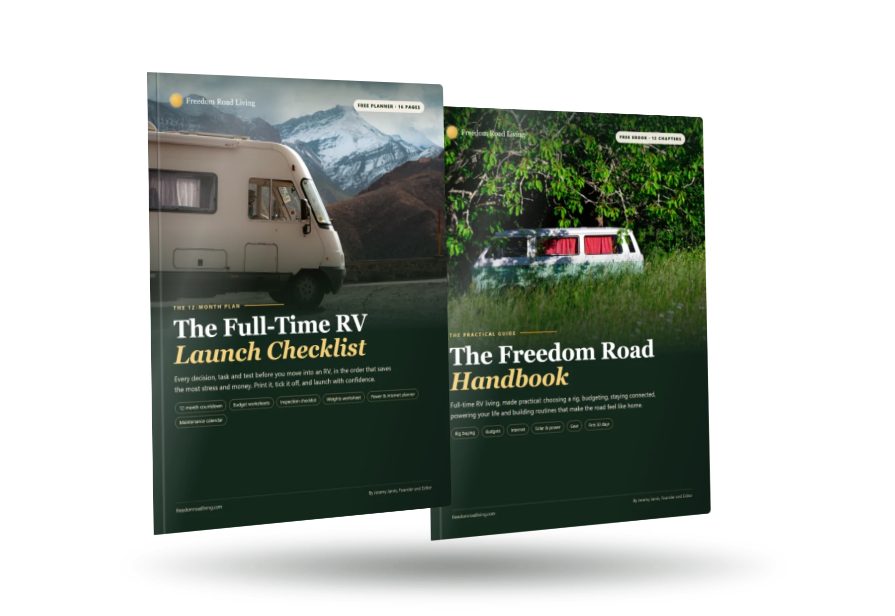 The two free Freedom Road Living books: the Full-Time RV Launch Checklist and The Freedom Road Handbook