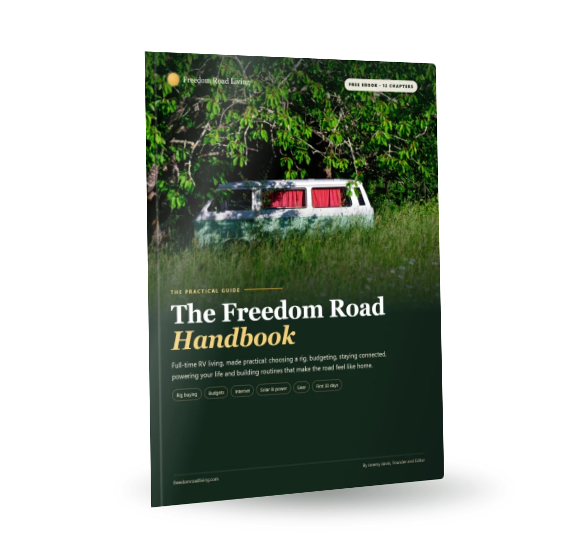 Cover mockup of The Freedom Road Handbook, a free full-time RV living ebook