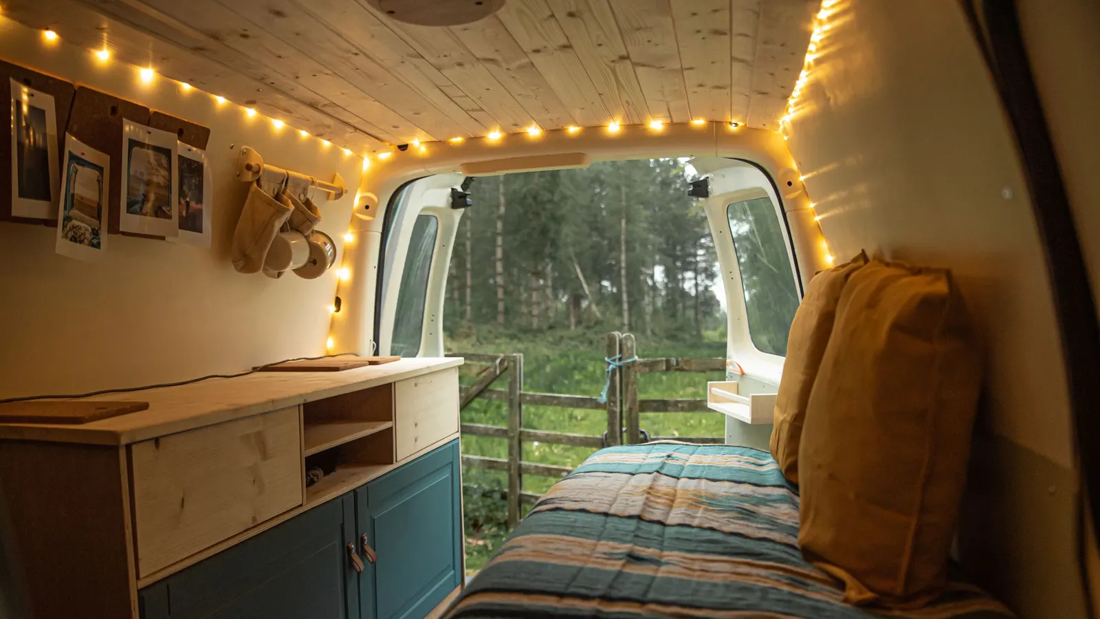Camper van bed with pillows under warm string lights