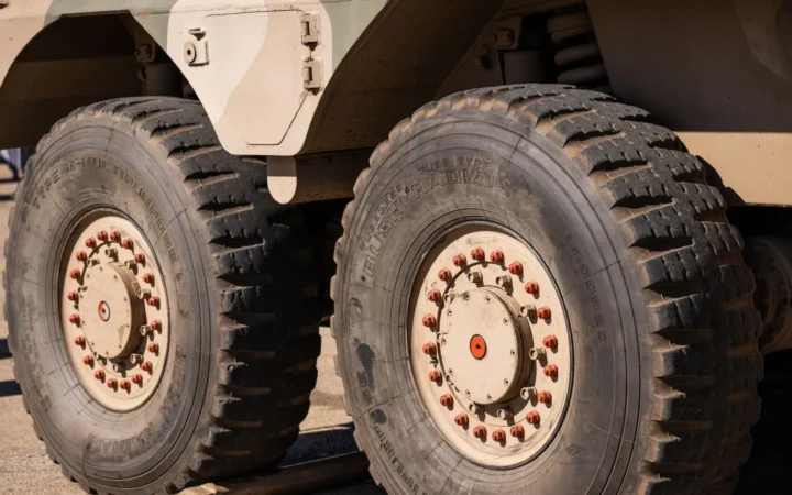 Close-up of large dual vehicle tires