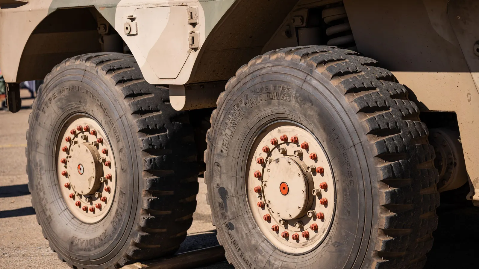 Close-up of large dual vehicle tires