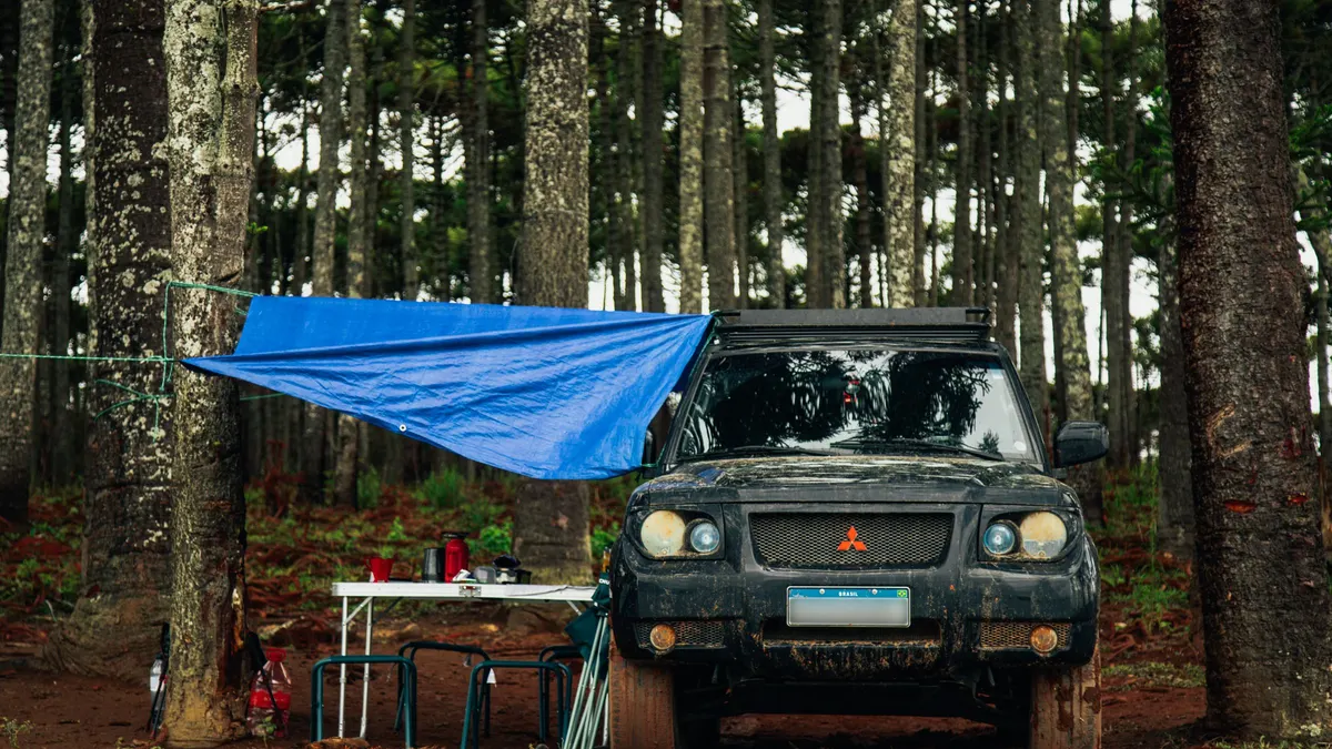 Blue tarp shelter over a table at a forest campsite